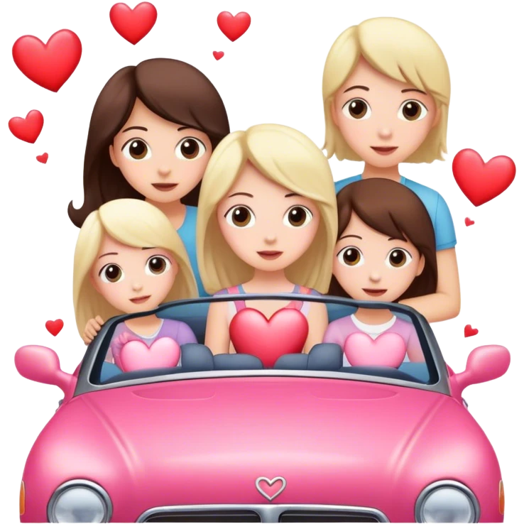 A mom, two daughters, and a brother in a convertible with hearts blowing behind the car emoji