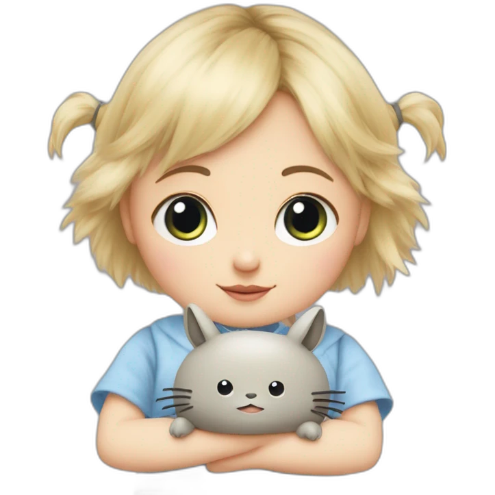 bébé fille blonde décoiffée aux yeux bleus avec une peluche Totoro  emoji