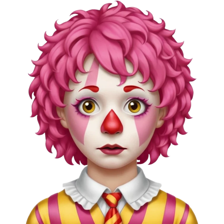 Pink curly wig.

White face paint with red nose and makeup.

Wearing a red-and-yellow striped costume with a white collar.

Wide-eyed, sad expression. emoji