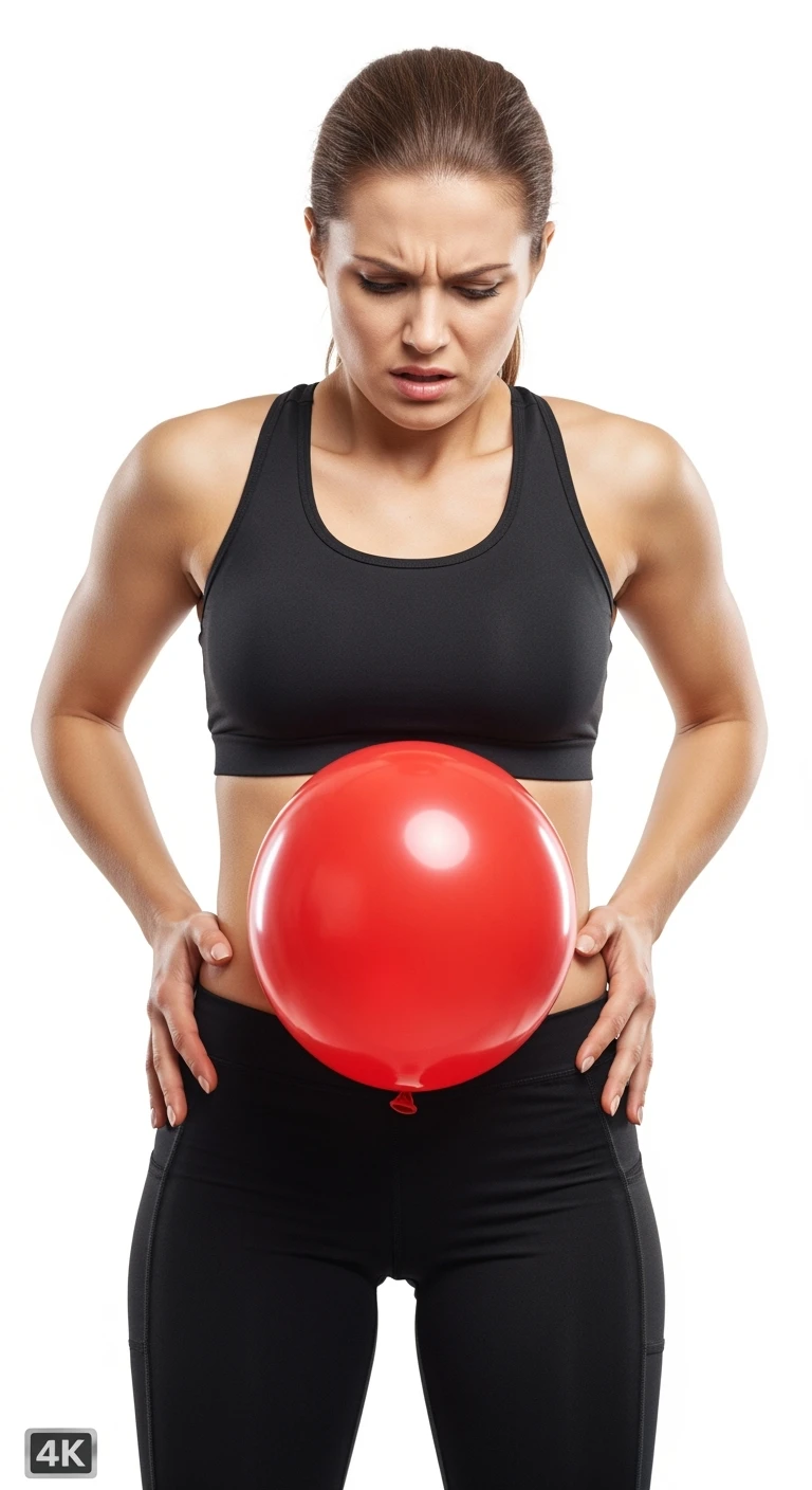 DONNA FITNESS CON PANCIA GONFIA, PALLONCINO ROSSO SULLA PANCIA ED ESPRESSIONE DI DOLORE IN VOLTO, iperrealistico 4k, ISOLATA SU SFONDO BIANCO emoji