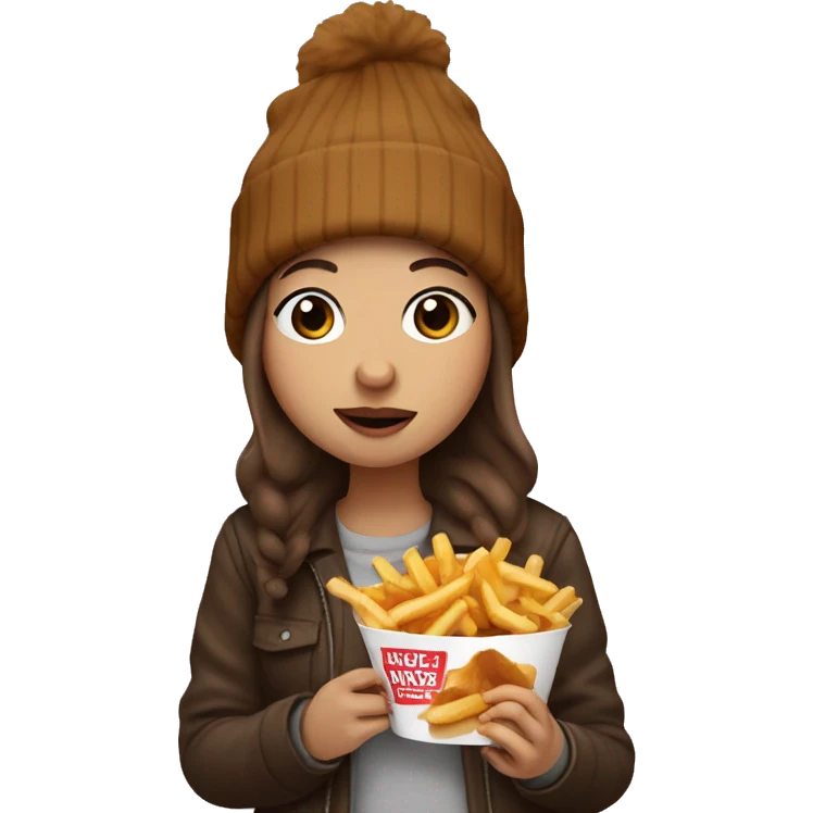 Girl with brown hair and a beanie on eating a poutine emoji