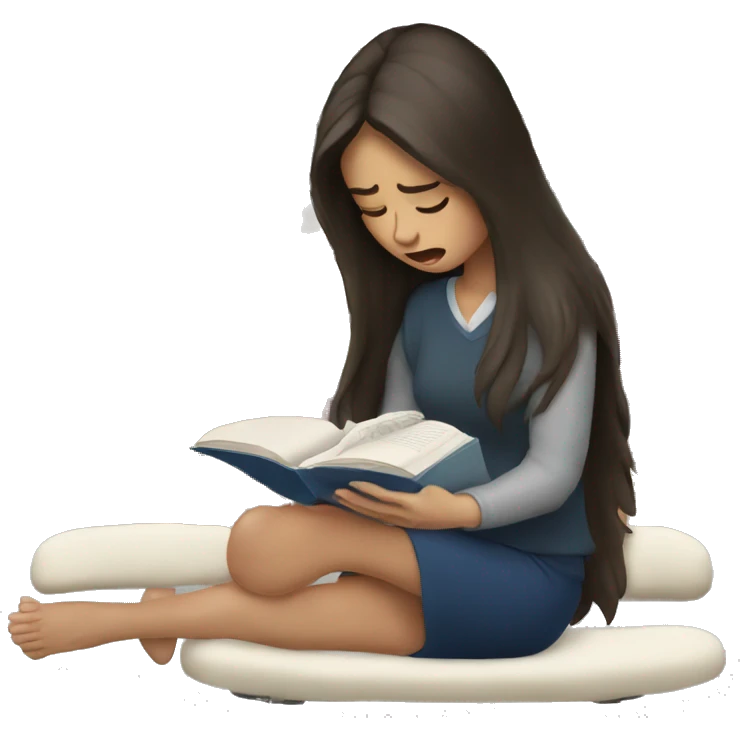 brunette long hair woman crying while holding and reading book emoji