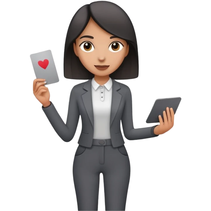 Woman in dark grey trousers holding a card in one hand emoji