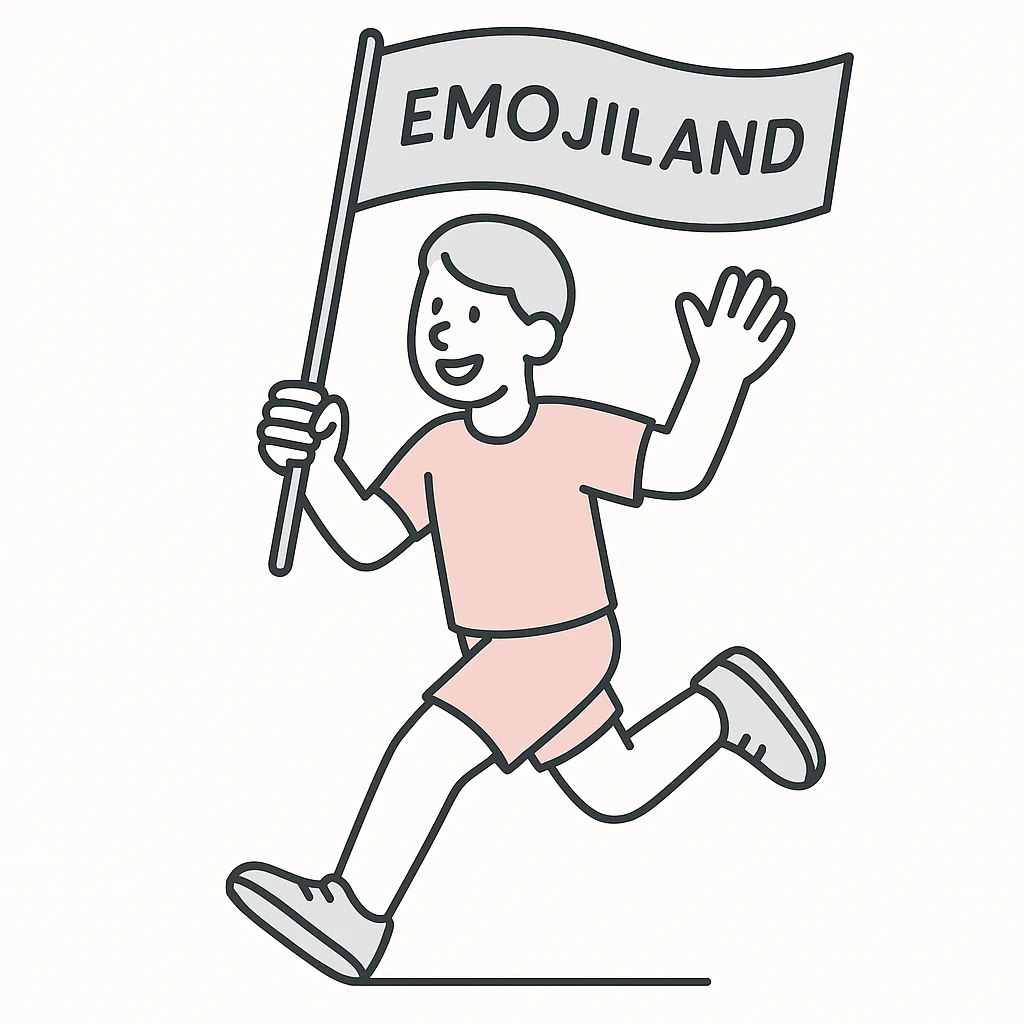 happy runner waving a flag that says 'emojiland' emoji