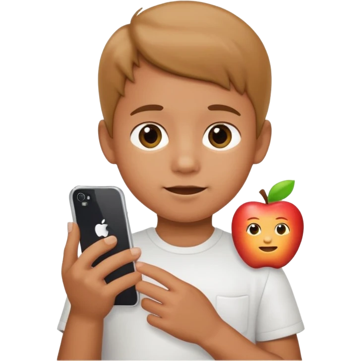 little kid with phone wearing a white shirt, apple style emoji emoji