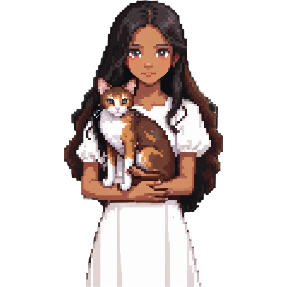 beautiful girl with long black hair wearing a white dress holding an Abyssinian cat with reddish-brown fur in her arms emoji