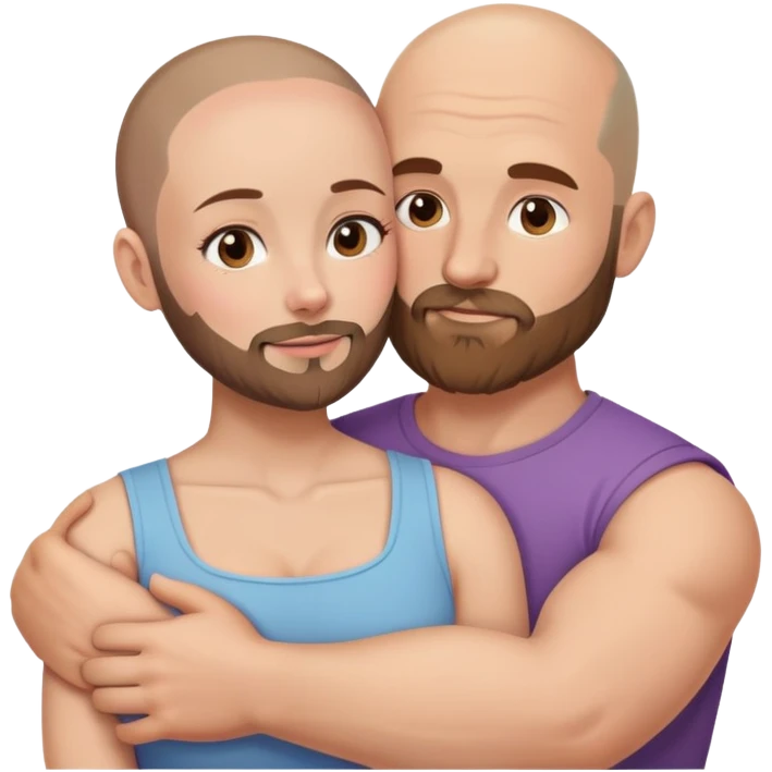 Beautiful light brunette cuddling her muscular bald beard husband emoji