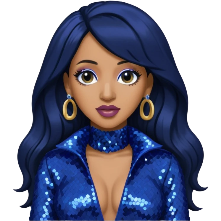 Cardi B with long jet black hair, indigo sequin outfit emoji