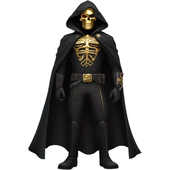 Bounty Hunter Boss with black cape and a gold skull mask from death Stranding, full body view emoji