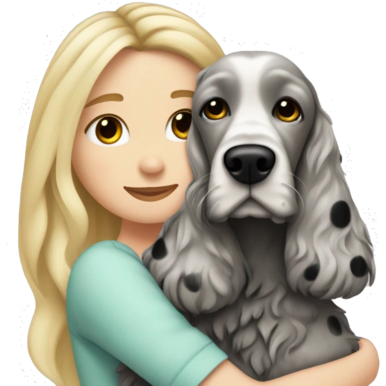 pretty blonde hair white girl is hugging a grey with black spots cocker spaniel emoji