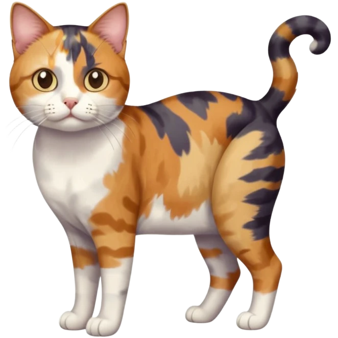 full body anxious looking colourful patchy calico tabby cat with tiny head to large body with fully white front legs emoji