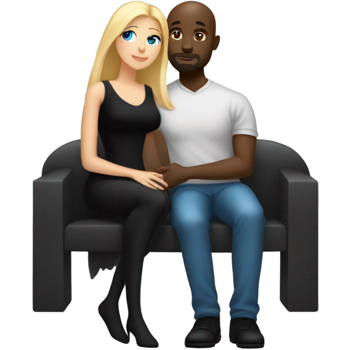 Blonde woman with blue eyes and long straight hair wearing a short black dress and a black man who is bald with a goatee seated together on a sofa enjoying a loving kiss.   emoji