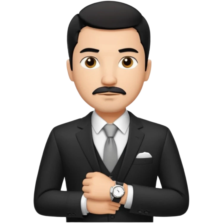 Roupa: terno preto moderno e bem ajustado, com camisa social branca sem gravata (para dar um ar mais contemporâneo), cinto de couro preto e relógio prateado. Tom de pele: médio quente
Cabelos: curtos e bem penteados PRETOS
Rosto: com bigode e cavanhaque leve, expressão firme e confiante. PRETOS emoji