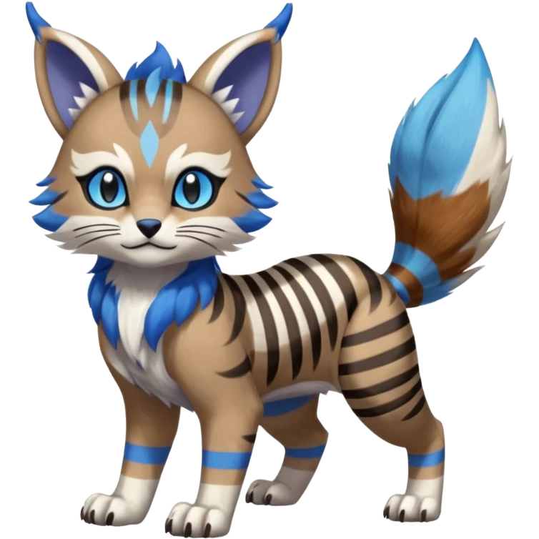 Brown and white-striped Colorful Skilled Adept Graceful Asian Painted WereGarurumon-Meloetta-Ursaring-Furret-fusion-hybrid-creature (full body) with blue rings around eyes, tufted lynx ears emoji
