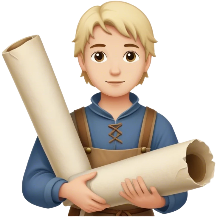 young apprentice painter carrying large rolled up parchment, medieval age emoji
