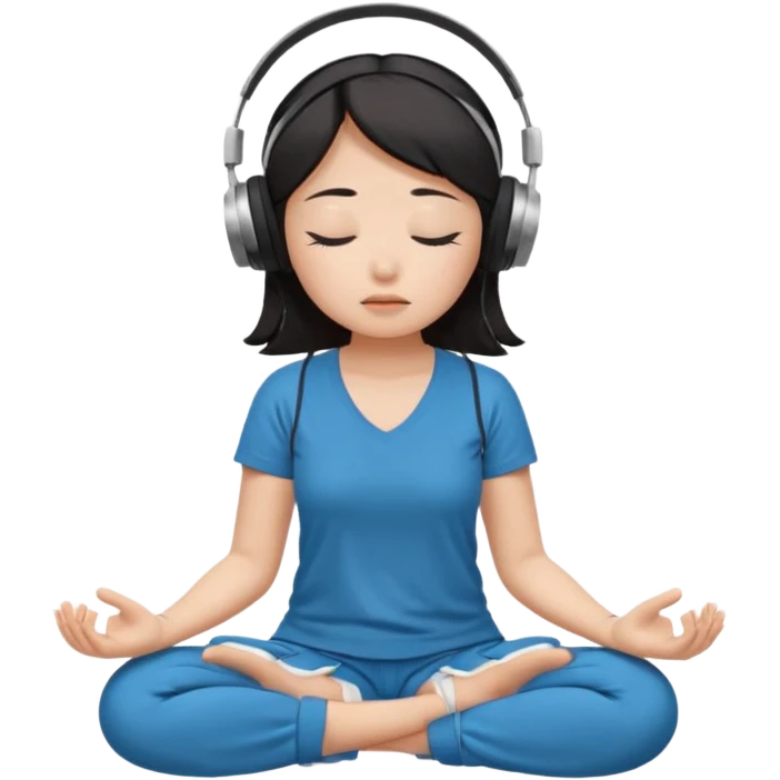 An East Asian woman is sitting cross-legged in a meditation pose, wearing Apple headphones and listening to music. The song is so beautiful that she has her eyes closed and tears streaming down her face. emoji
