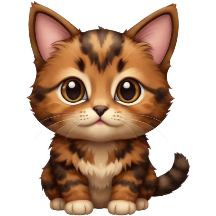 A high-resolution photo-realistic digital illustration of a brown tortoiseshell kitten, chest upward emoji
