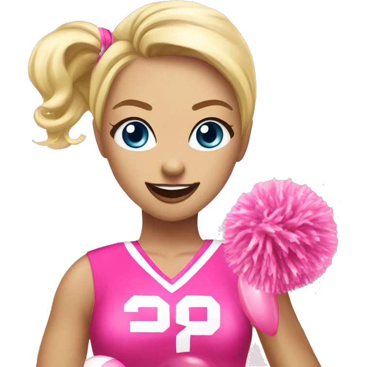 blonde cheerleader wearing pink uniform holding pink pompoms blowing pink bubble of gum emoji