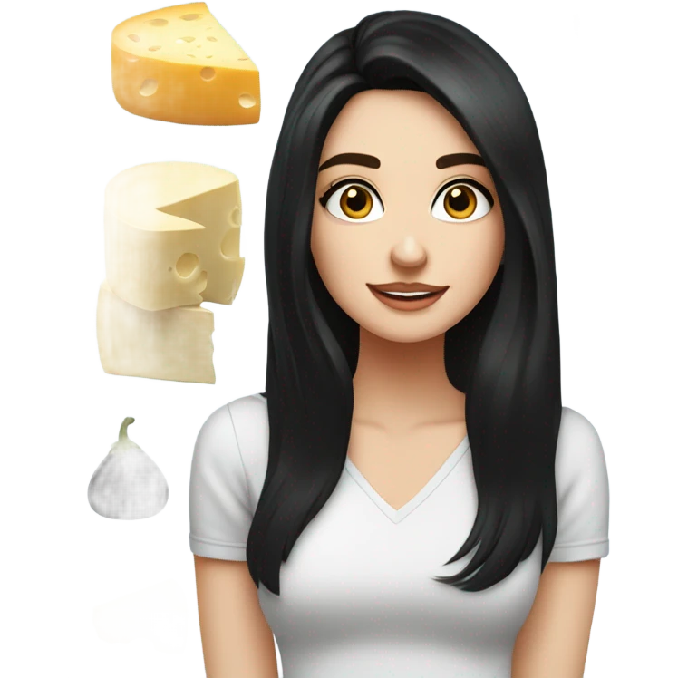 stunning blue eyed brunette girl with black hair surrounded by cheese emoji