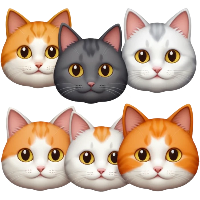 4 different coloured short haired cats including; a dark brown t and white cat, and a dark grey and white  emoji