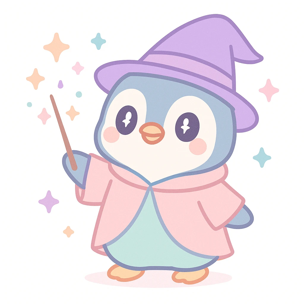 cartoon penguin wizard casting a spell, wearing robe, holding wand, magical sparkles around, playful and colorful emoji