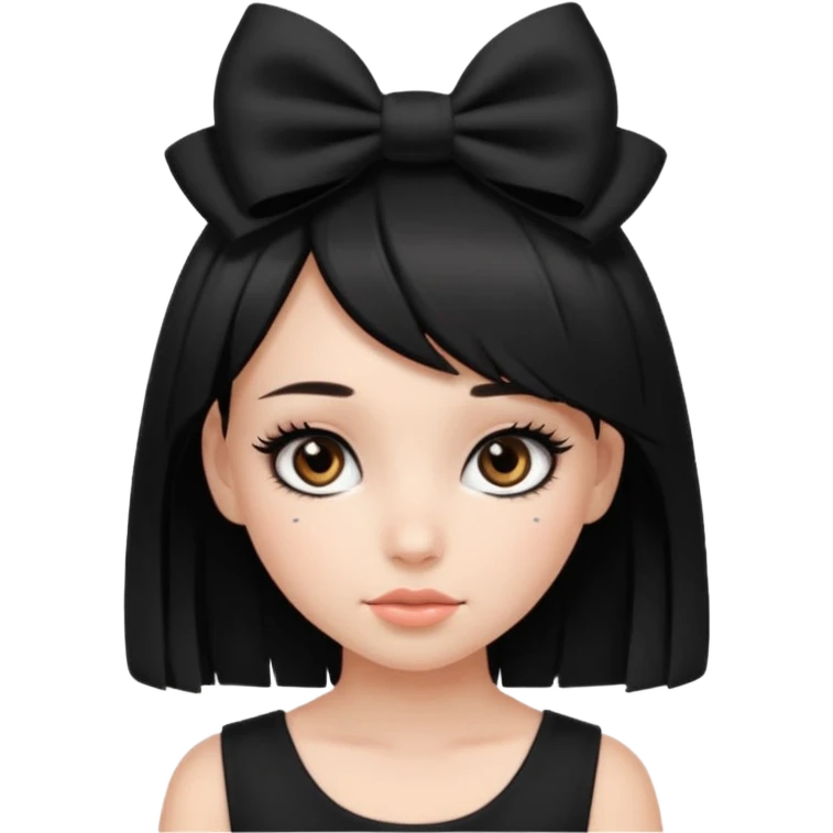 Girl with black cute  cut with a black top and a bow on her head with long lashes emoji