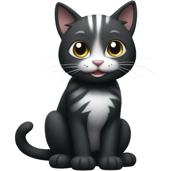 Black Cat with white paws and grey stripes that is smiling emoji