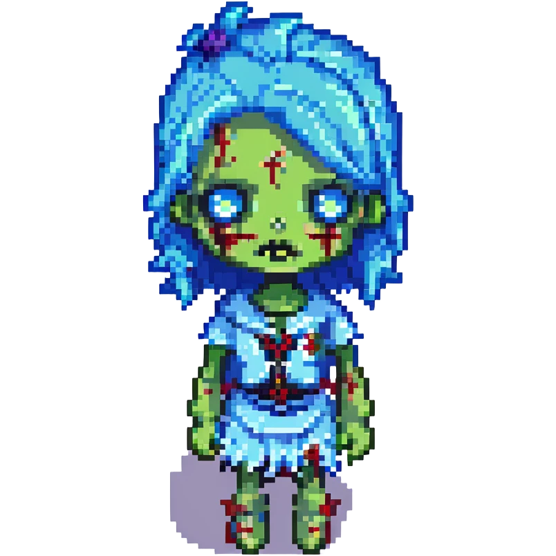 pixel art zombie girl, blue hair, stitched face, cartoonish emoji