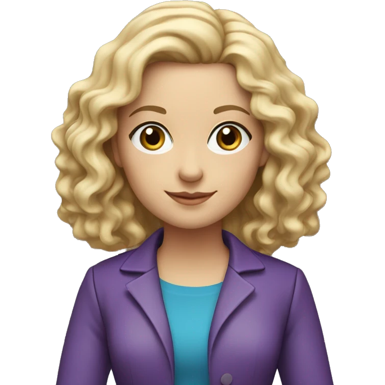 Woman teacher, blonde long curly hair,  blue eyes, purple jacket, with book emoji