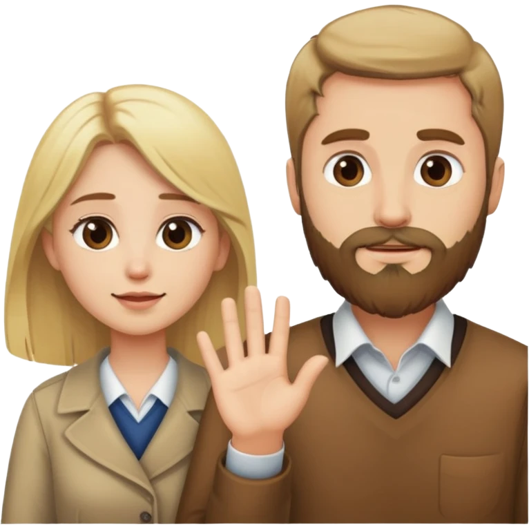 Blonde haired man with a beard, brown hair woman saying goodbye  emoji