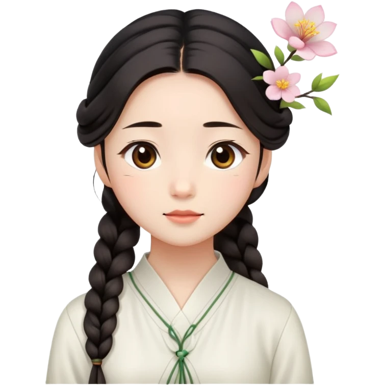  A Chinese girl with a long braid, a brown hairpin shaped , and a white blouse, breathing in the spring air. emoji