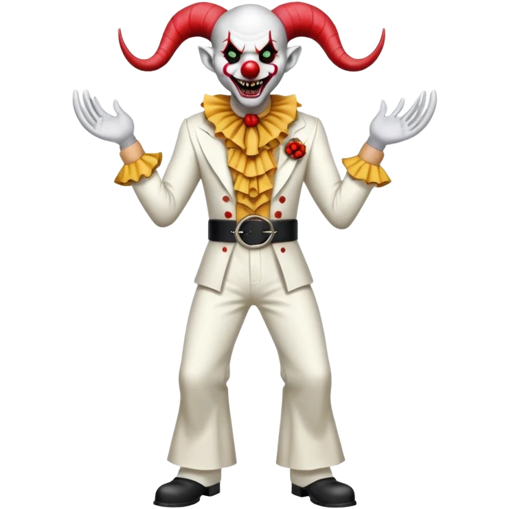 full-body demonic clown in a white leisure suit with bellbottom pants, bald, with black ram horns, flashy belt, ruffled shirt, no neck tie, large fangs in mouth emoji