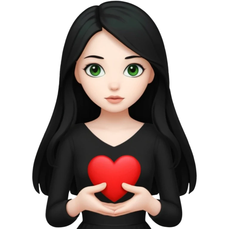 Pale girl with long black hair and dark green eyes wearing black dress and holding black heart emoji