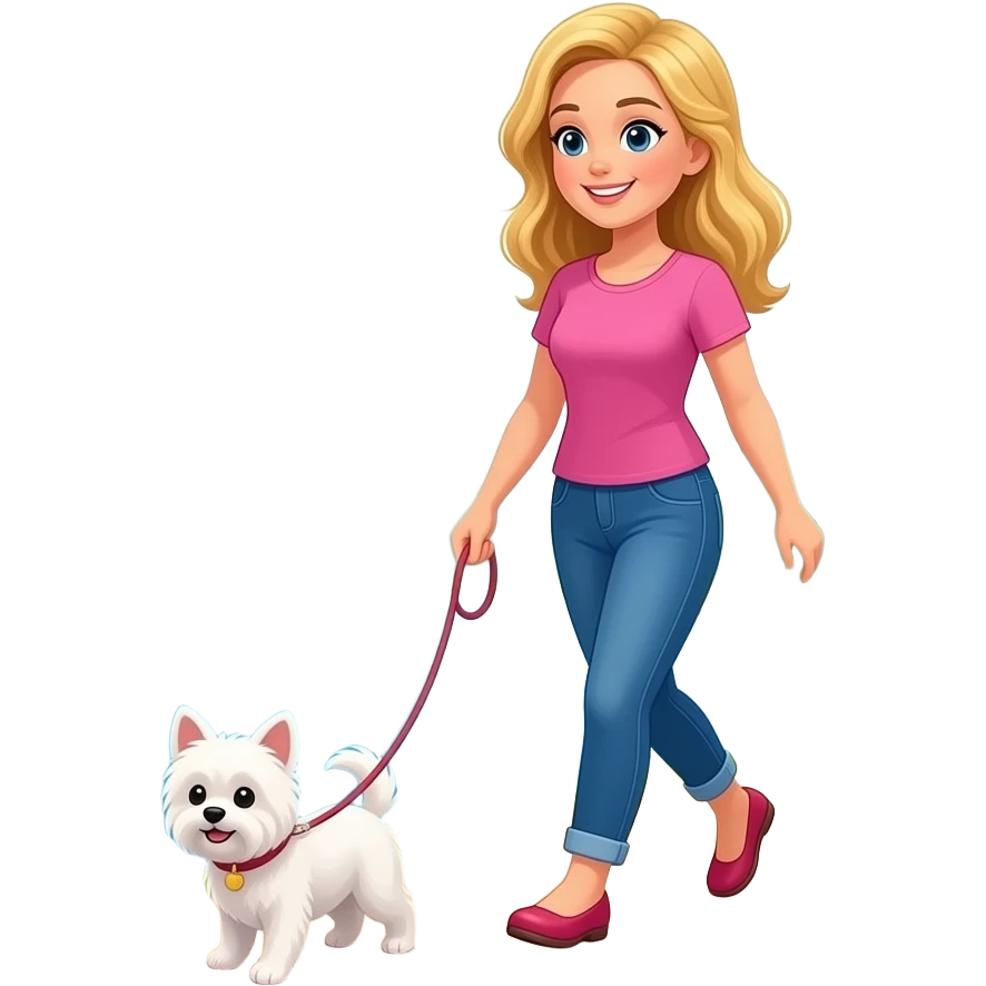 BreakEmoji Vrouw blond haar wandeld met kleine malthes langs rivier. 1 hond emoji