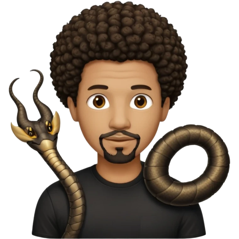Homme noir, yeux marron avec un bouc sans la moustache, cheveux court et bouclé crépus avec un dégradé sur le côté, avec un cobra à côté , t-shirt noir  emoji