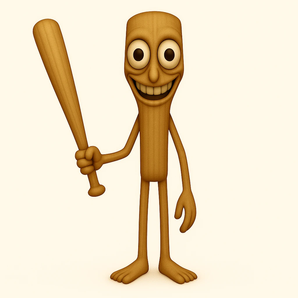 Make the stump character much skinnier and longer, with a face that is even creepier—large, wide, staring eyes and an exaggerated unsettling smile, closely matching the new reference image. Keep arms and legs, holding a baseball bat. Render in emoji style. emoji