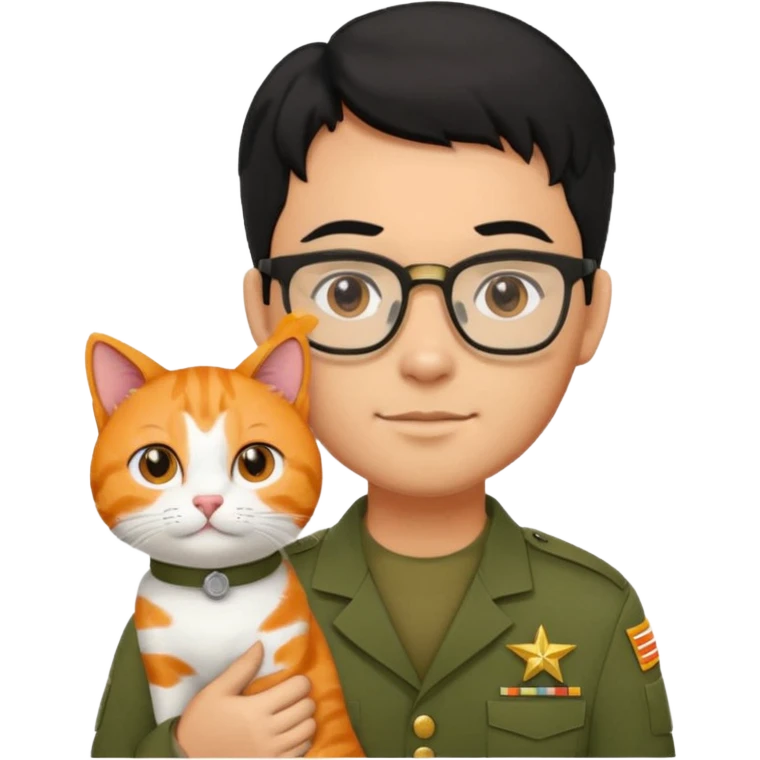 Veterinario hombre trigueño con lentes, con cabello negro, y con uniforme veterinario color verde militar cargando un gato naranja emoji