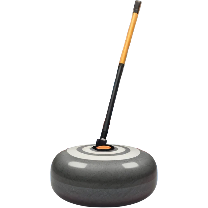 An icon featuring a curling stone in the foreground on an ice sheet with marked target circles. A curling broom rests nearby. In the background, a grand indoor stadium with bright lights and cheering fans. The ice reflects the vibrant colors of the surroundings. Transparent background. emoji
