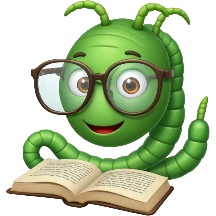 green Worm with glasses reading book emoji
