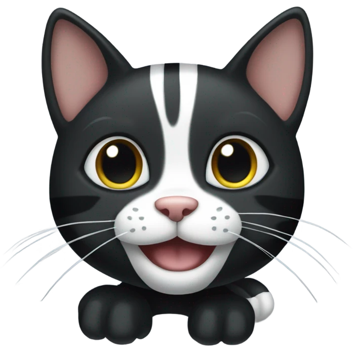 Black Cat with white paws and grey stripes that is smiling emoji