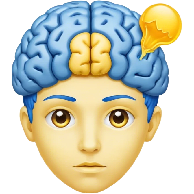 A real person face emoji, skin is emoji yellow, and hair is replaced by a blue brain emoji