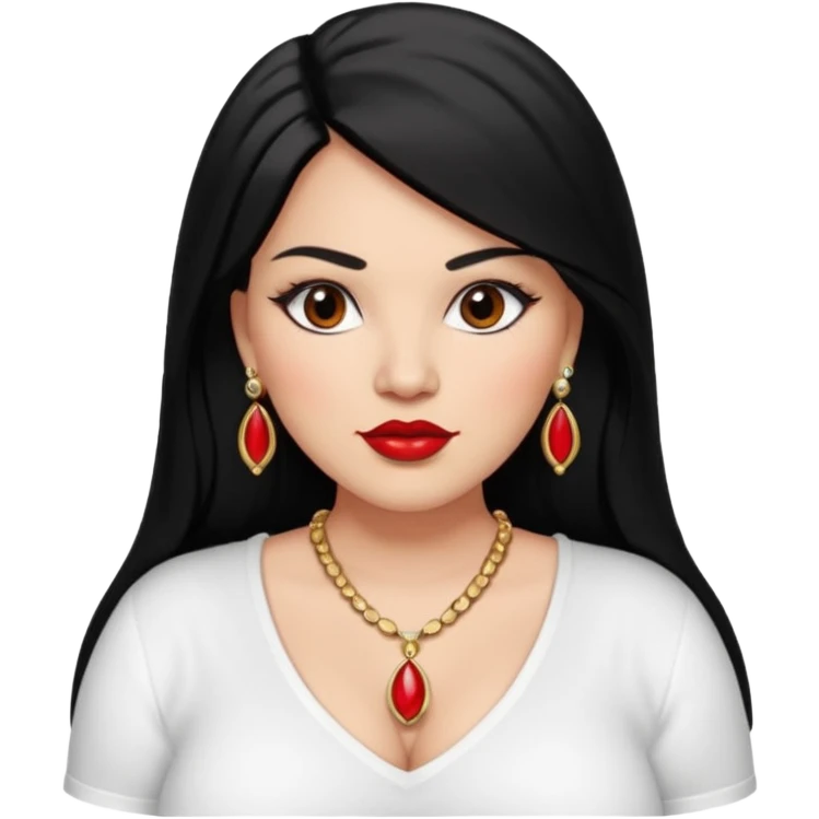 Mexican Light skin big brown eyes glamorous full figured women black medium straight hair red lips necklace and earrings long lashes white shirt  emoji
