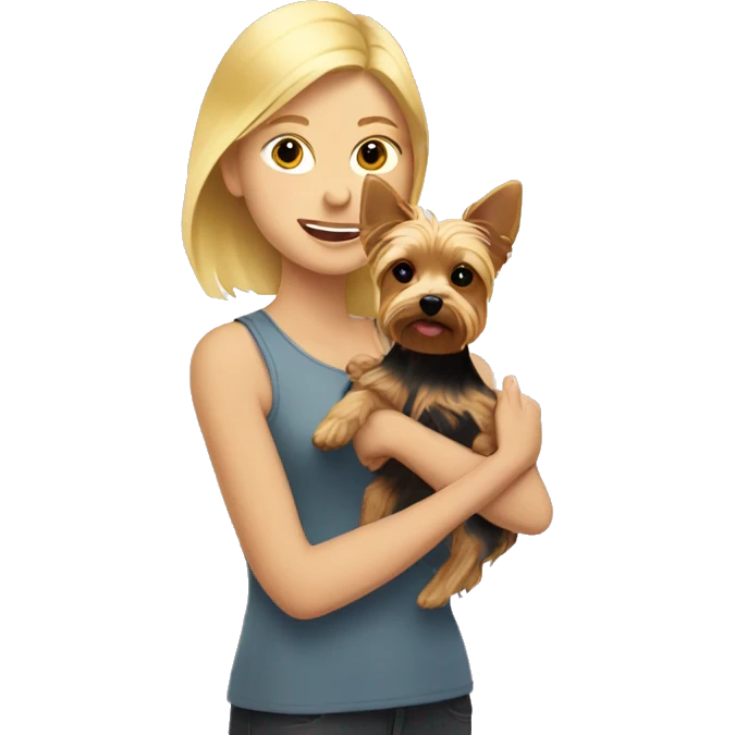 Blonde woman holding yorkie in sunlight emoji