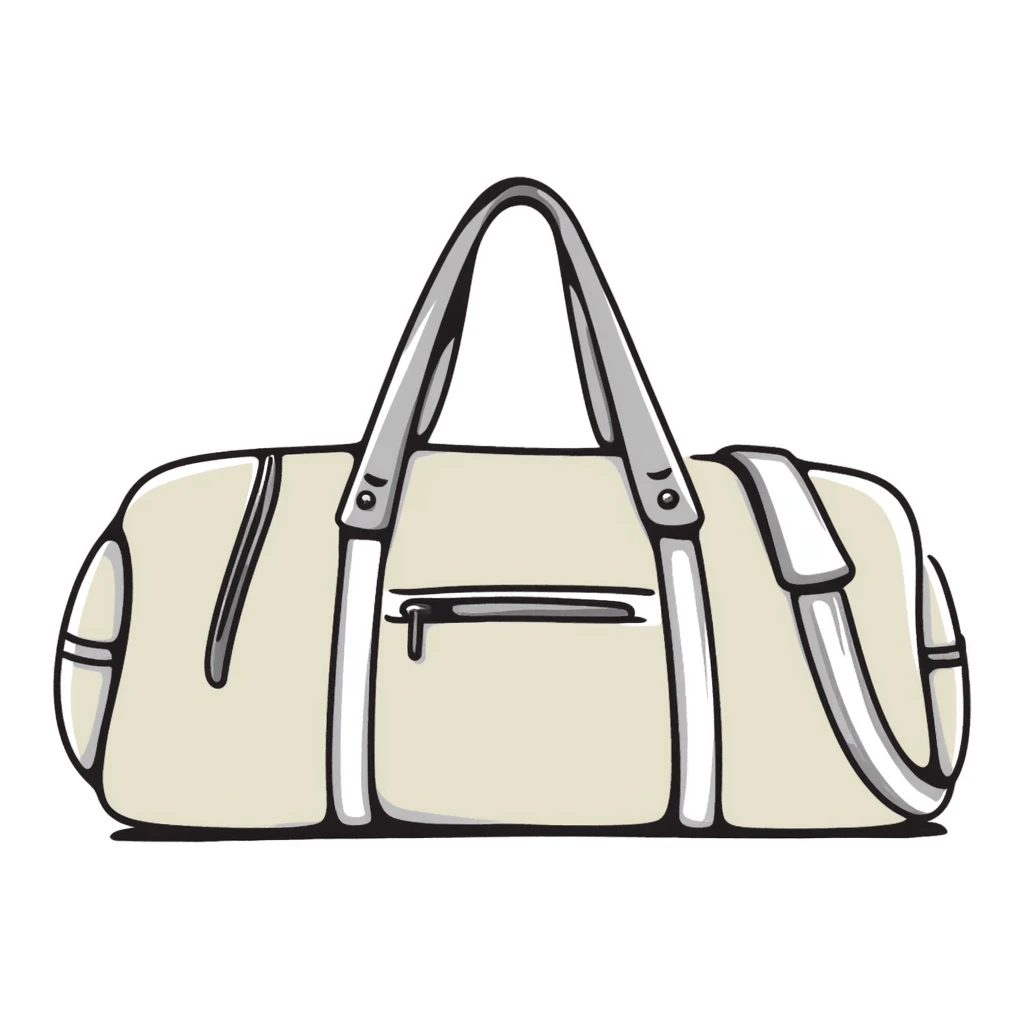 A sports duffel bag with straps and pockets in pastel colors (dd9fb0, ffc6d3, a3bfc9, c4bee2, f1b091), hand-drawn doodle style emoji