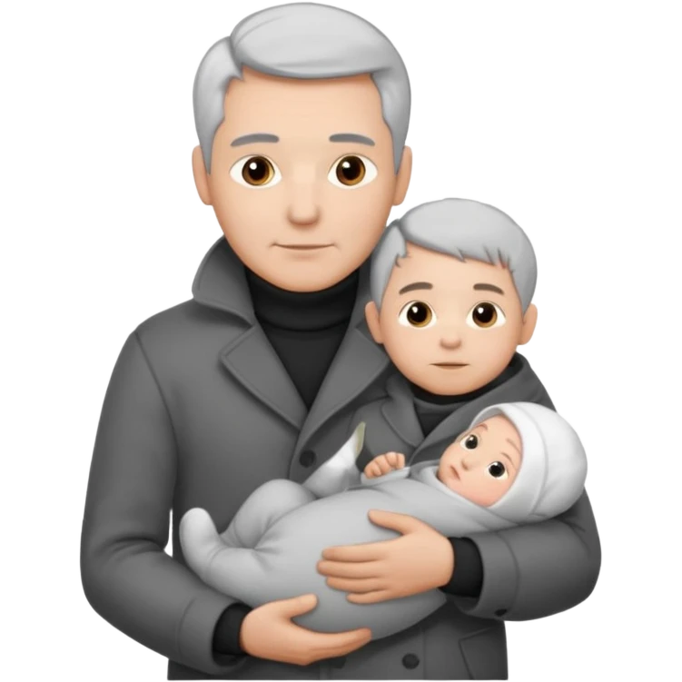 A father with silver-grey hair styled neatly and a clean-shaven face, wearing a dark turtleneck and wool coat, holding his baby emoji