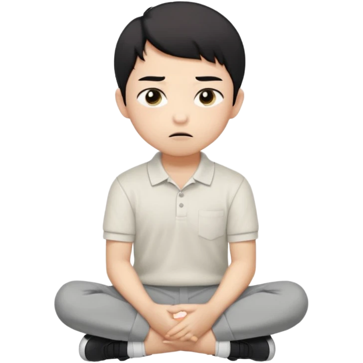 A cartoon young Asian boy with short black hair, light beige skin, and large expressive eyes, wearing a white polo shirt, gray pants, and black shoes. He sits cross-legged on the ground, one fist resting on his cheek, with a closed-mouth smirk. Clean lines, flat colors, solid black background. emoji