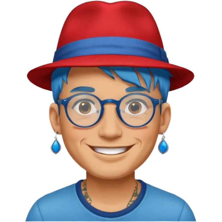 unique looking tourist with big unique red tourist fedora and earrings, man with lots of tattoes and spectacles, blue hair showing emoji