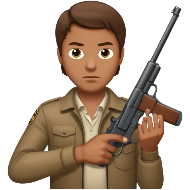 White guy with brown hair holding a gun like a cop would emoji