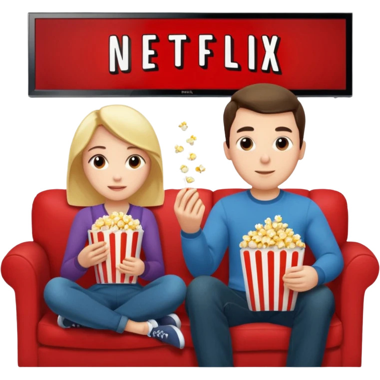 Crea un emoji dove un uomo e una donna mangiano i pop corn su un divano e guardano la tv, nella tv ci deve essere scritto netflix emoji