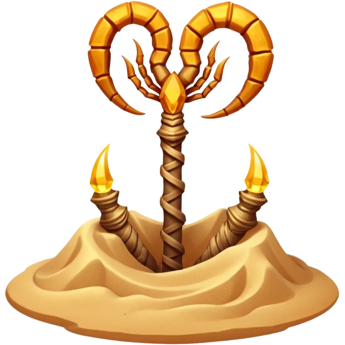 desert sand mage staff object icon, staff topped with a scorpion-shaped sand crystal, glowing amber aura, tribal desert carvings, floating sand dust, 3D cartoon, mobile game icon style, centered, clean background, no text, no watermark
 emoji